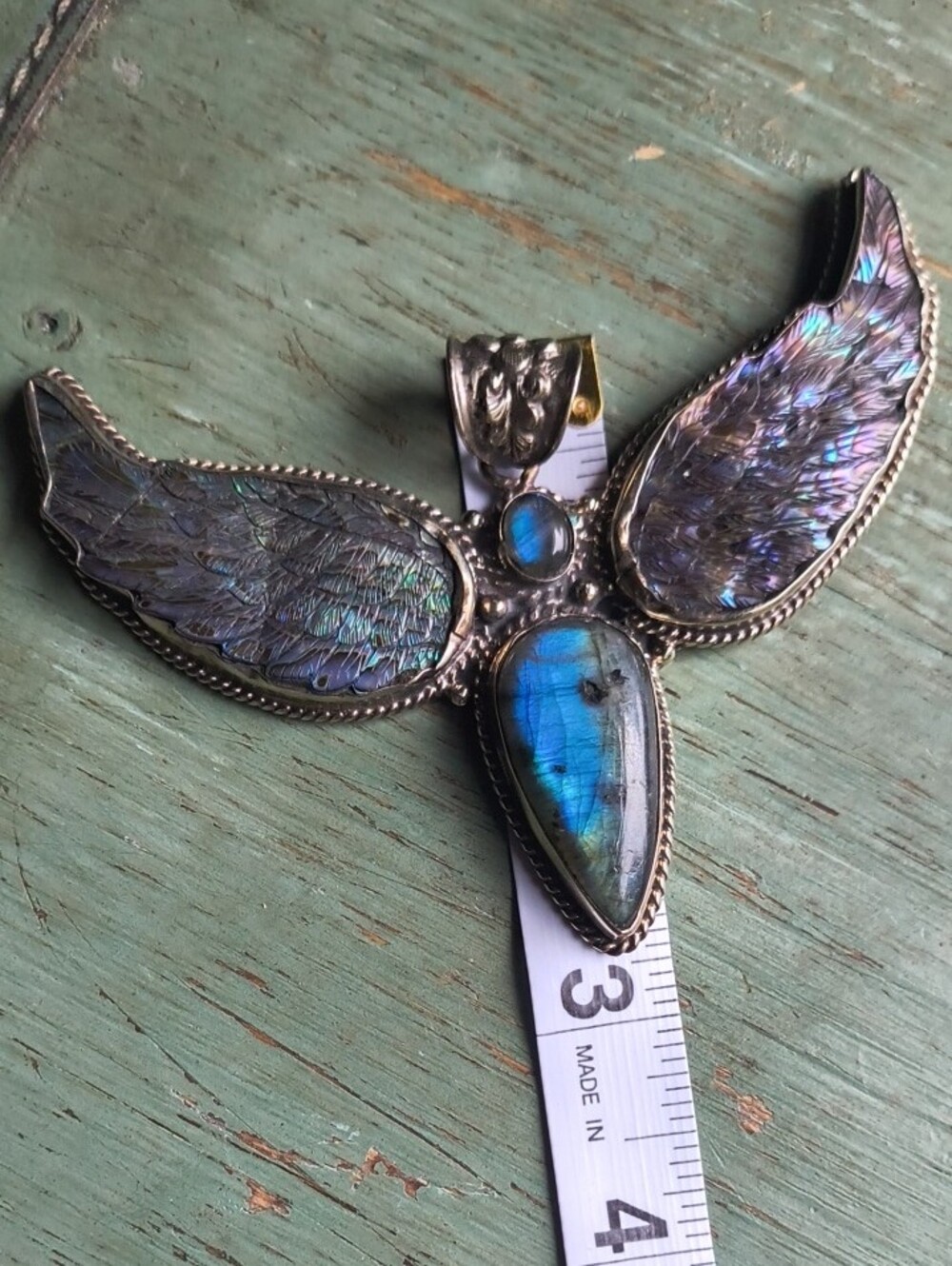 GORGEOUS Blue Labradorite And  Abalone  Angel Fairy Pendant Tibetan Silver - Picture 6 of 10